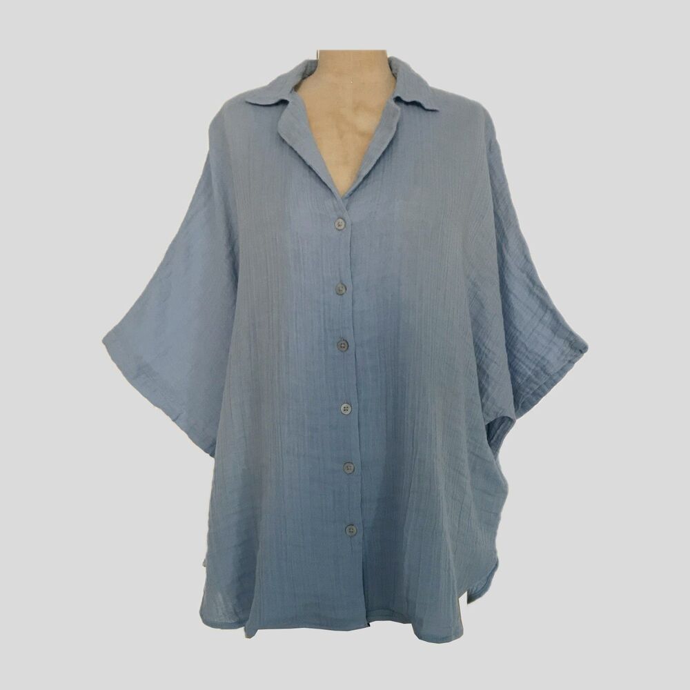 Rip Curl Blue Cotton Oversized Short Sleeve Casual Collared Shirt Top NWOT M